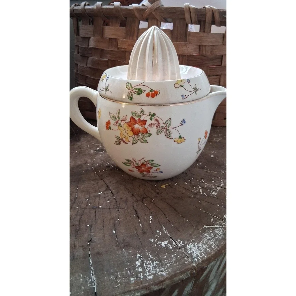 Vintage Large 2 Piece Porcelain Flowered Hand Juicer/ Spout & Handle Japan 1920s